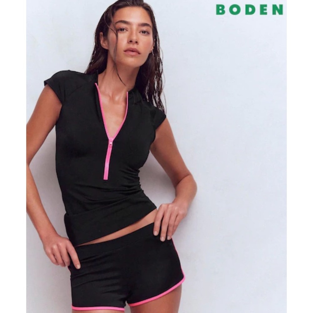 Boden Womens Black Cap Half Zip Short Sleeve Rash Guard Vest Swim Top US 8